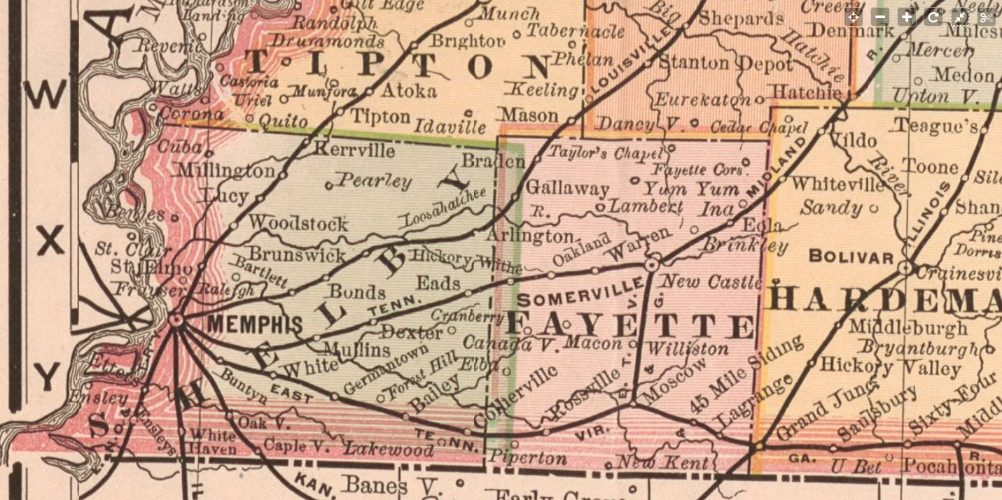 Historic map of Tennessee, showing how Fayette County is just east of Shelby County (where Memphis is).