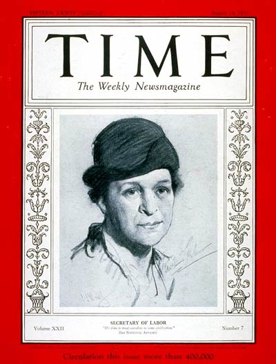 cover of Time magazine with a drawing of Frances Perkins