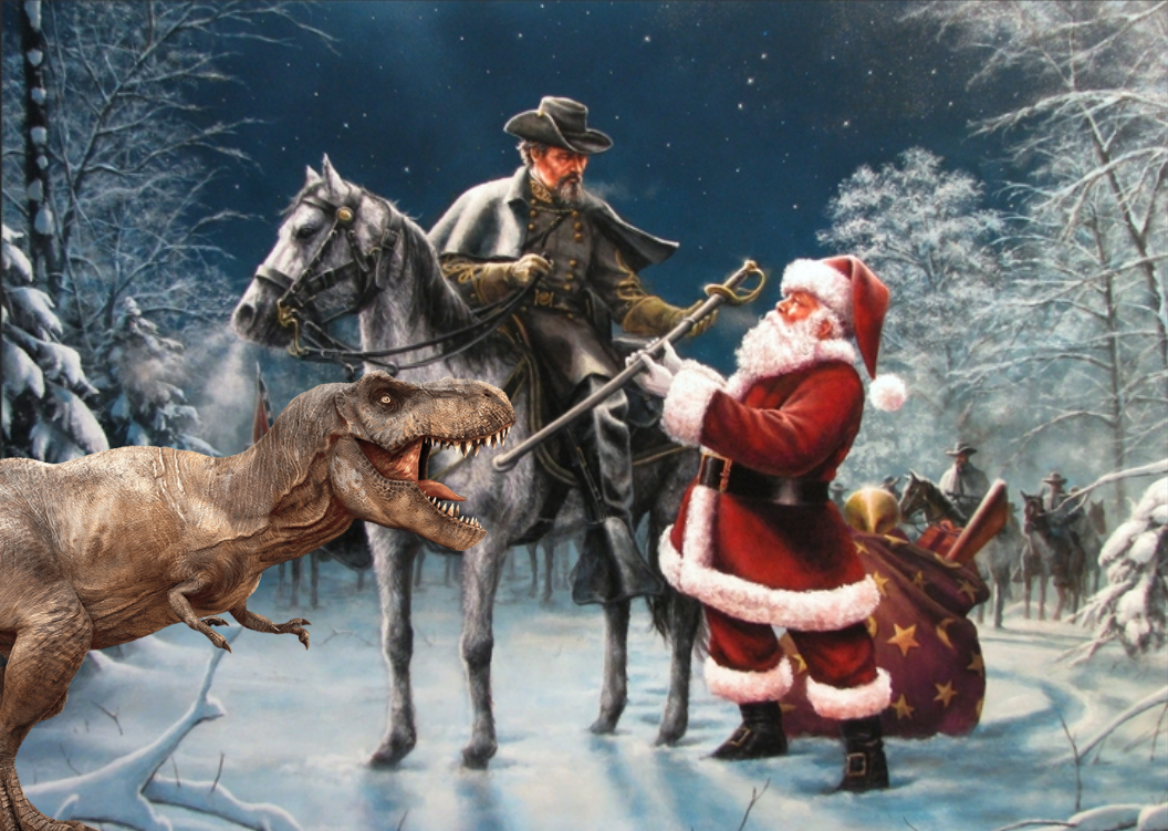 A kitschy neo-Confederate painting in which Santa Claus is presenting Nathan Bedford Forrest with a sword; a roaring T-rex has been photoshopped into the image.