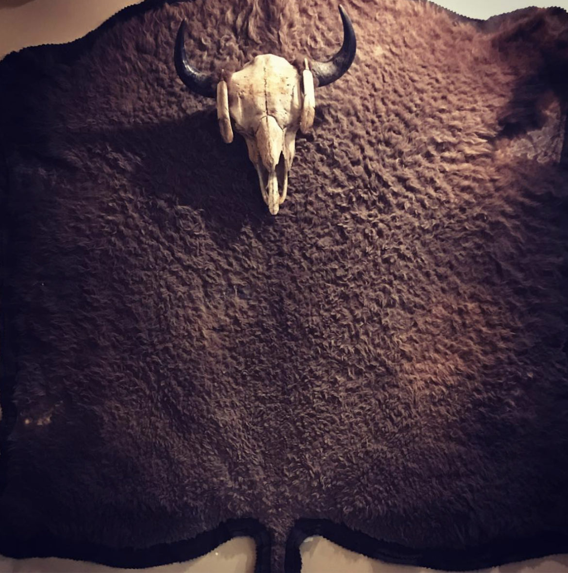 A hotel bed's headboard covered in cowhide, with a bull's skull near the top.
