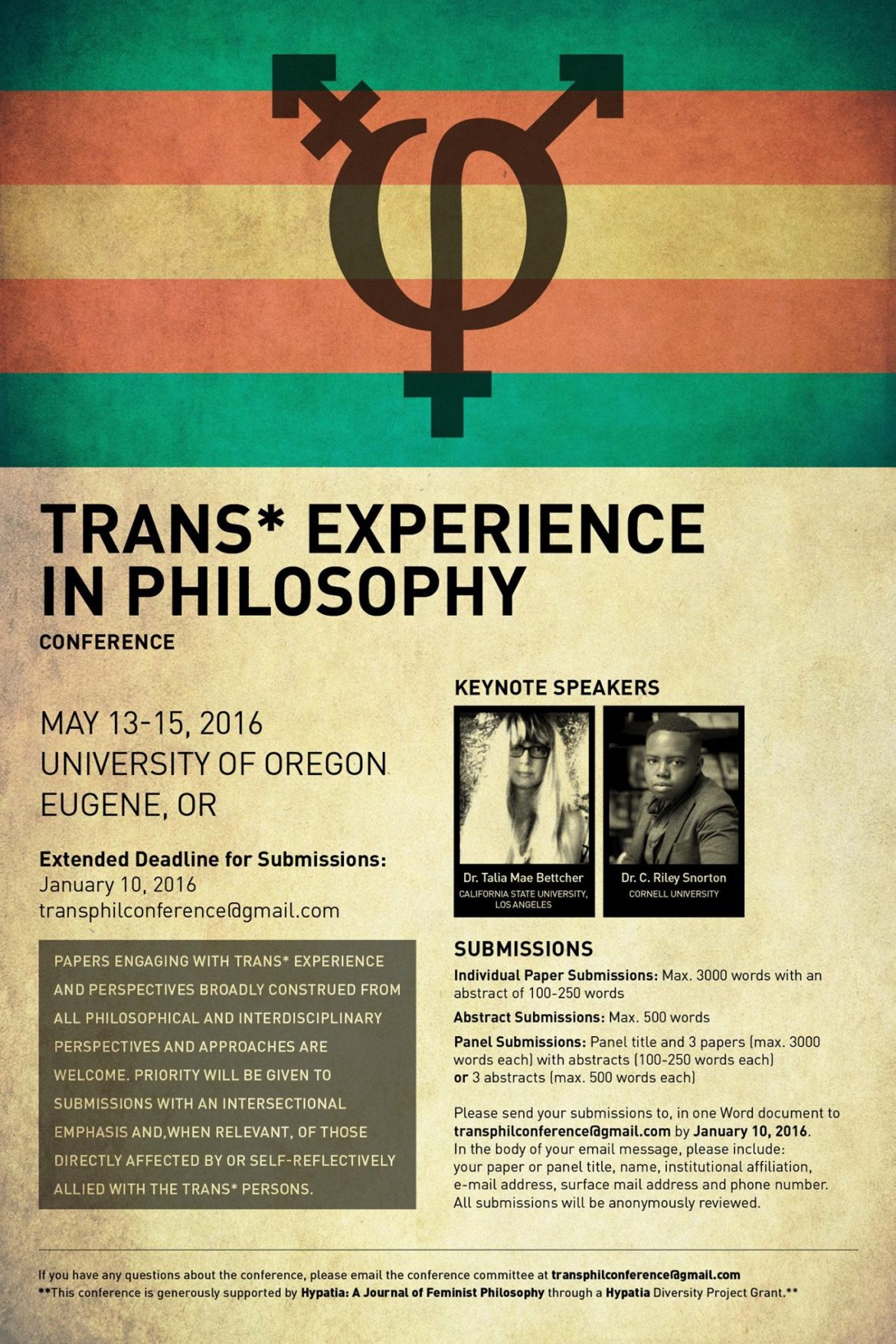Conference flyer for the Trans* Experience in Philosophy Conference in May 2016.